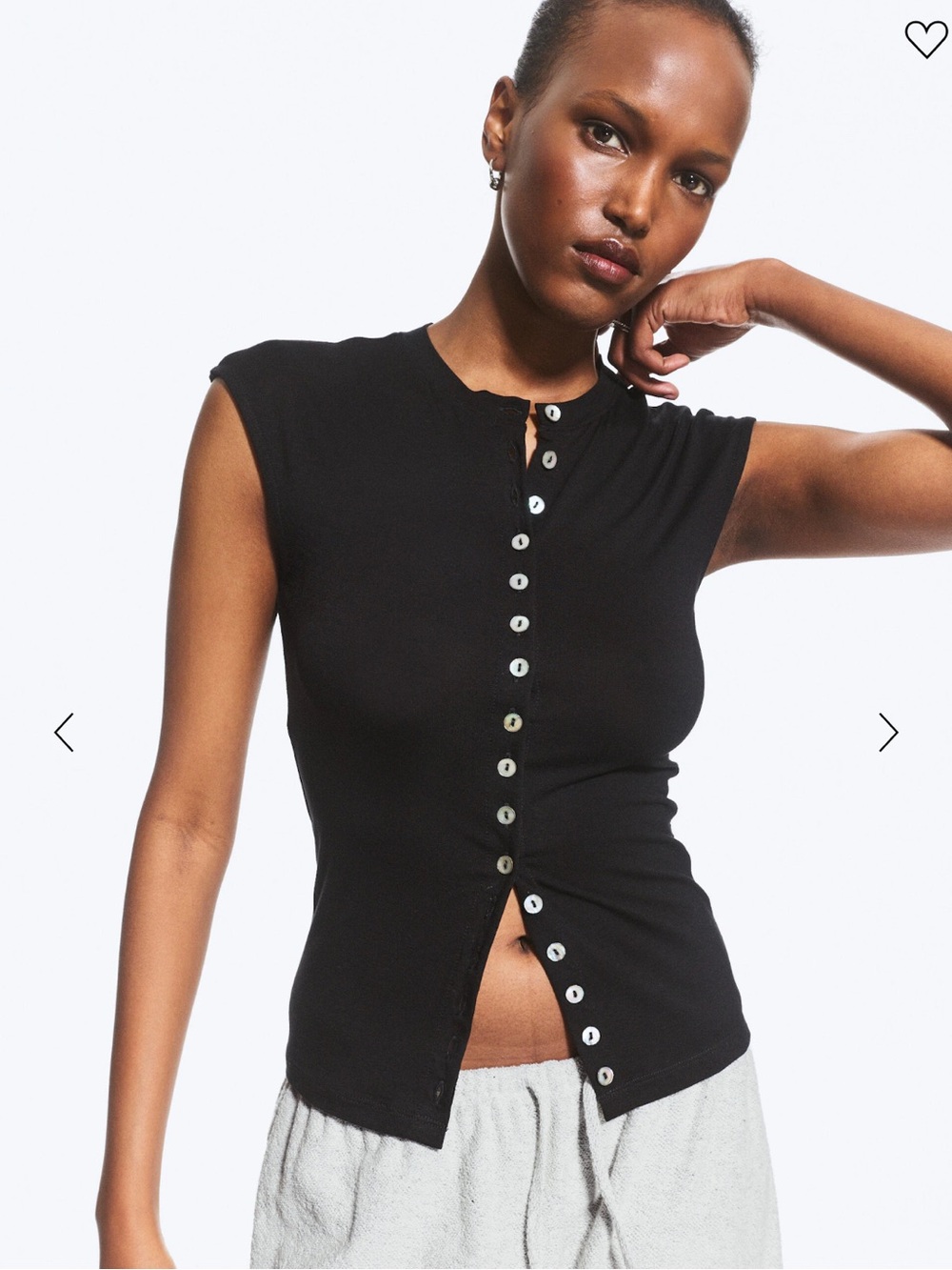 Weekday Black Sleeveless Pearl Button-Front Tank